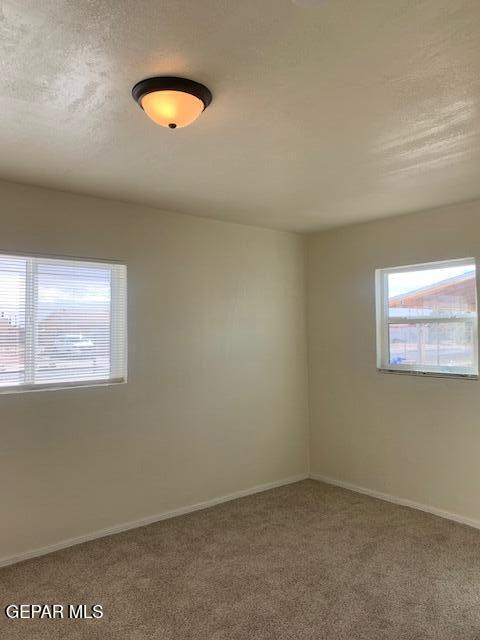 carpeted spare room featuring baseboards and a textured ceiling