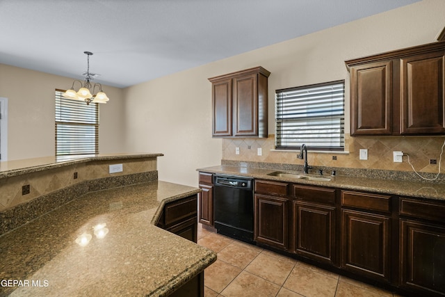 kitchen with a sink, black dishwasher, dark brown cabinets, and a healthy amount of sunlight