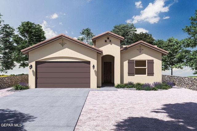 mediterranean / spanish home with an attached garage, fence, a tile roof, stucco siding, and driveway