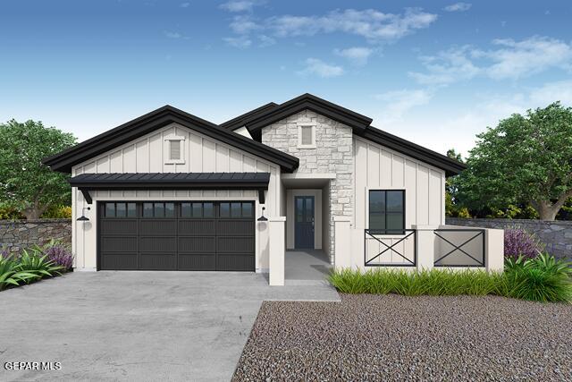 modern inspired farmhouse featuring stone siding, driveway, a garage, and board and batten siding