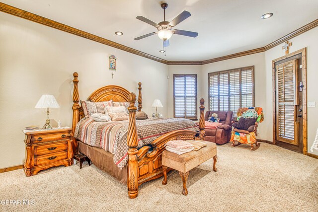 bedroom with baseboards, recessed lighting, ceiling fan, crown molding, and carpet flooring