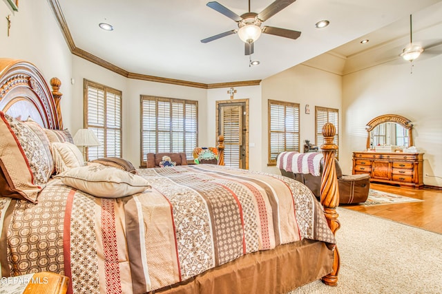 bedroom with ceiling fan, wood finished floors, recessed lighting, and ornamental molding