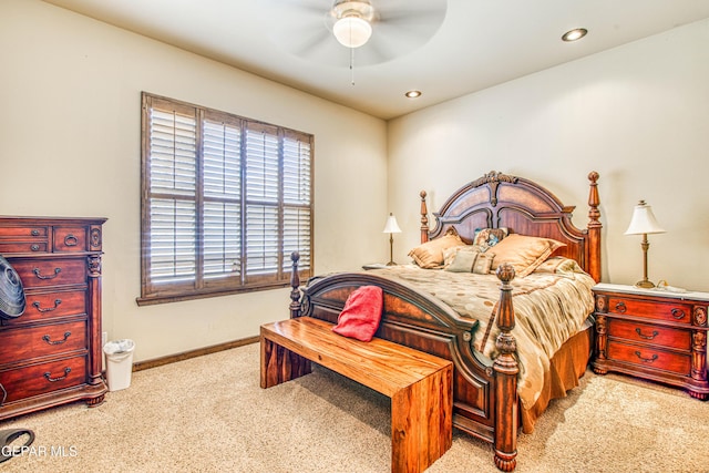 carpeted bedroom with recessed lighting, a ceiling fan, and baseboards