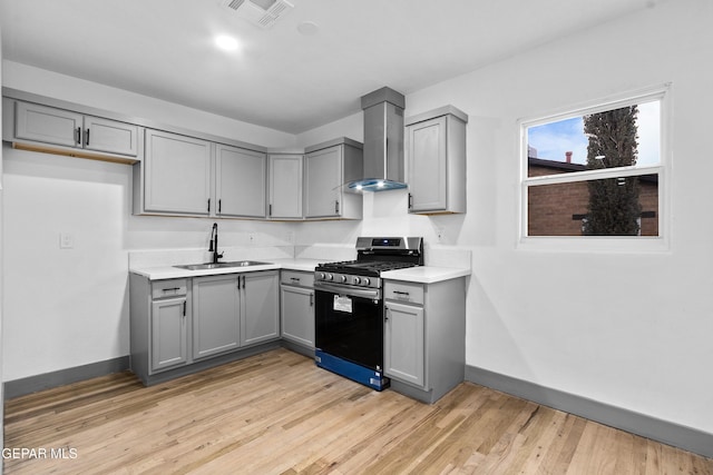 kitchen with visible vents, gray cabinets, a sink, stainless steel range with gas cooktop, and wall chimney range hood