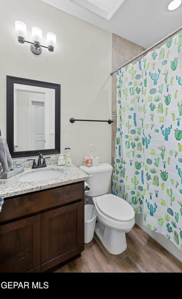 bathroom with a shower with curtain, toilet, wood finished floors, and vanity