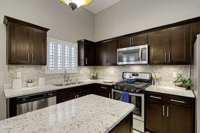 kitchen with a sink, stainless steel appliances, backsplash, and dark brown cabinets