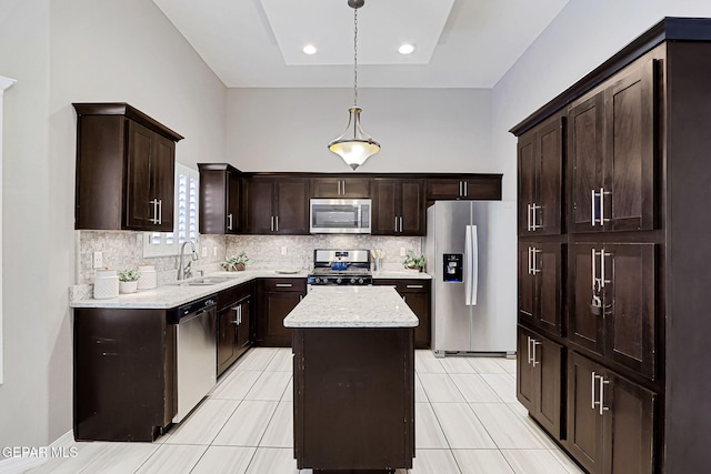 kitchen with a sink, backsplash, appliances with stainless steel finishes, and dark brown cabinets