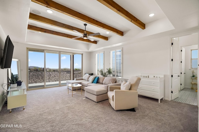 7402 Wooden Nickel Dr, El Paso, TX 79911 - living room with beam ceiling, a ceiling fan, carpet, and recessed lighting