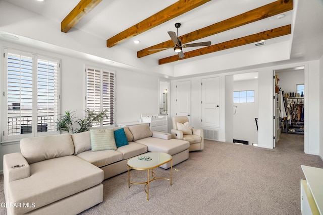7402 Wooden Nickel Dr, El Paso, TX 79911 - carpeted living room featuring visible vents, recessed lighting, a ceiling fan, and beam ceiling