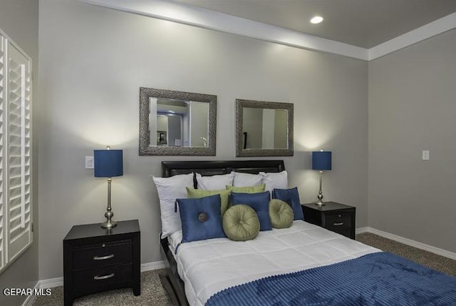 carpeted bedroom with recessed lighting, baseboards, and crown molding