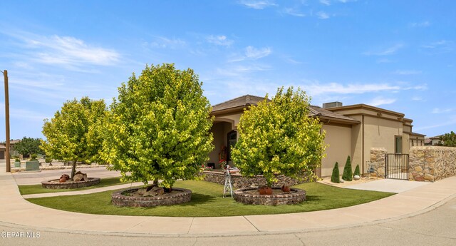 obstructed view of property with stucco siding, a front yard, and a gate