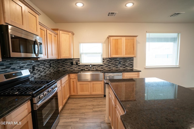 kitchen with dark stone countertops, visible vents, a sink, stainless steel appliances, and tasteful backsplash