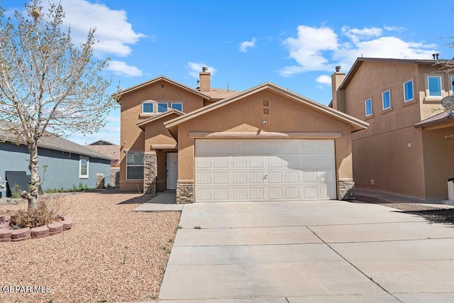 view of front of home featuring stucco siding, stone siding, concrete driveway, an attached garage, and a chimney