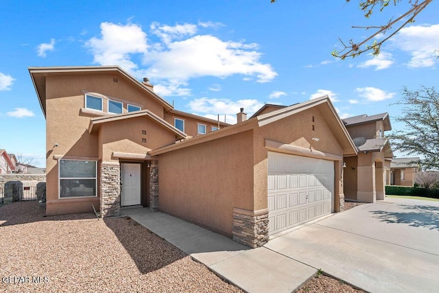 view of front facade with stone siding, stucco siding, concrete driveway, and a garage