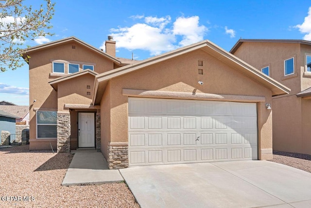 view of front of home featuring concrete driveway, stucco siding, a garage, and a chimney