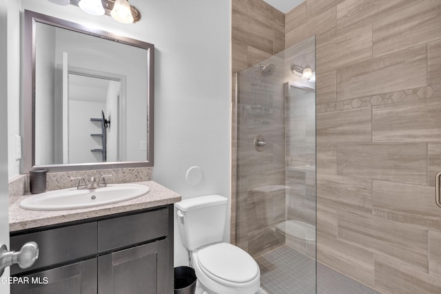 bathroom with toilet, a stall shower, and vanity