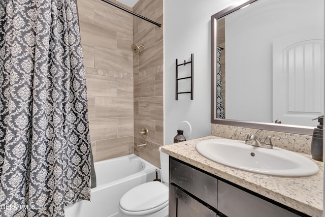 full bathroom with toilet, shower / bathtub combination with curtain, and vanity