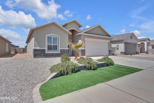 single story home featuring concrete driveway, stucco siding, stone siding, and a garage