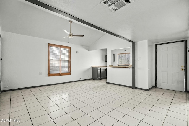 9005 Electra Dr, Canutillo, TX 79835 - unfurnished living room with vaulted ceiling with beams, visible vents, baseboards, and a ceiling fan