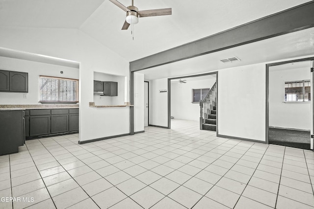 9005 Electra Dr, Canutillo, TX 79835 - unfurnished living room featuring stairs, visible vents, light tile patterned flooring, and ceiling fan