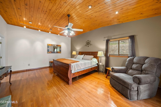 bedroom featuring ceiling fan, light wood-type flooring, wood ceiling, lofted ceiling, and baseboards