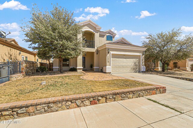 view of front facade with concrete driveway, stucco siding, fence, an attached garage, and a balcony