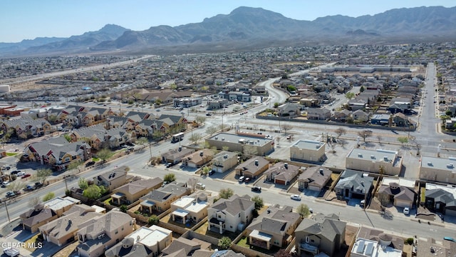 drone / aerial view featuring a mountain view and a residential view