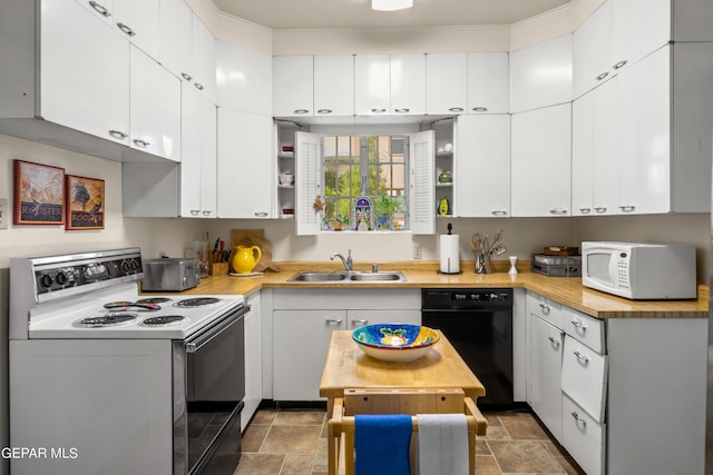 kitchen with black dishwasher, a sink, open shelves, and electric stove