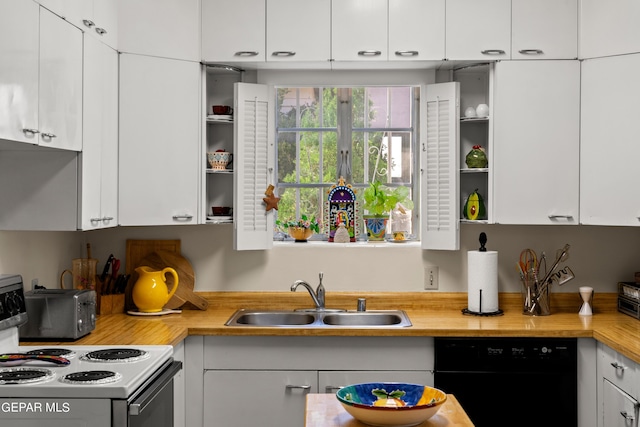 kitchen featuring open shelves, a sink, white electric stove, dishwasher, and white cabinets
