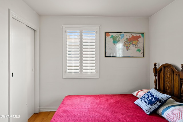 bedroom featuring multiple windows, a closet, and wood finished floors