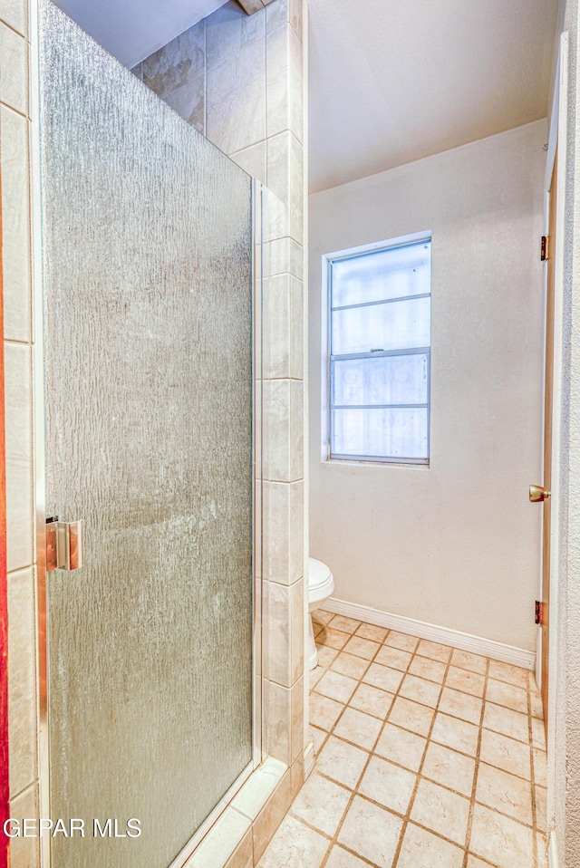 full bathroom featuring tile patterned flooring, baseboards, toilet, and a shower stall