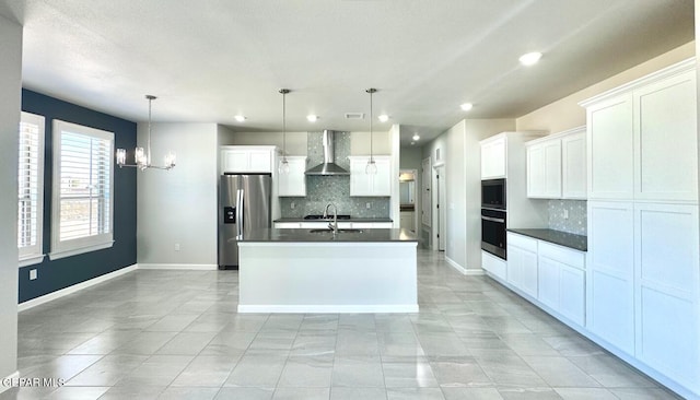 14613 Tierra Nectar Ave, El Paso, TX 79938 - kitchen featuring wall chimney range hood, dark countertops, an inviting chandelier, stainless steel fridge with ice dispenser, and tasteful backsplash