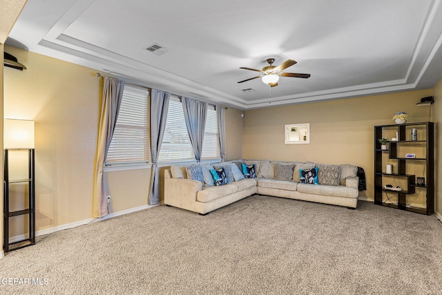14717 Tierra Escape Ave, El Paso, TX 79938 - living room with a raised ceiling, carpet, ceiling fan, and baseboards
