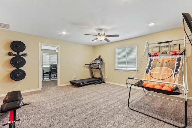 14717 Tierra Escape Ave, El Paso, TX 79938 - exercise area featuring ceiling fan, baseboards, carpet flooring, and plenty of natural light