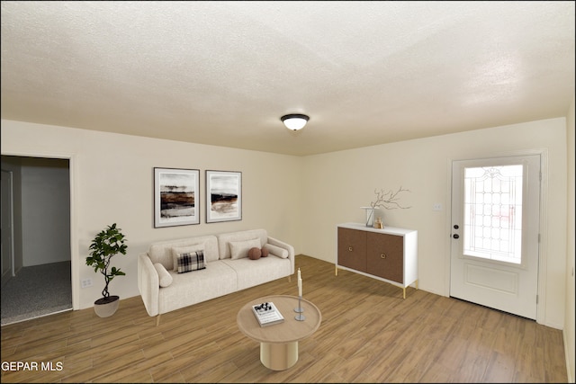living area with a textured ceiling and light wood-type flooring