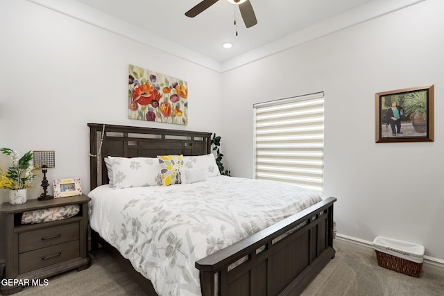 carpeted bedroom featuring baseboards, a ceiling fan, and recessed lighting