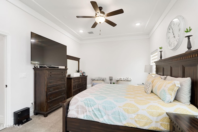 bedroom featuring baseboards, recessed lighting, a ceiling fan, visible vents, and light colored carpet