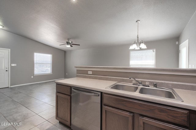 10677 Canyon Sage Dr, El Paso, TX 79924 - kitchen featuring stainless steel dishwasher, lofted ceiling, ceiling fan, a sink, and light tile patterned floors