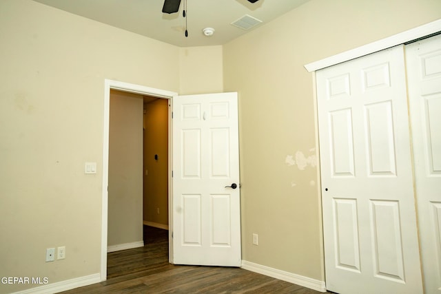 756 Jalynn Grace, Canutillo, TX 79835 - unfurnished bedroom with dark wood finished floors, a closet, and a ceiling fan