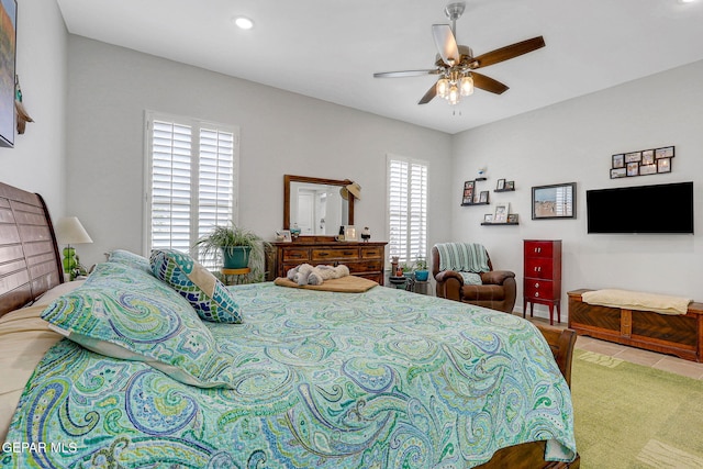 bedroom with tile patterned flooring, recessed lighting, and ceiling fan