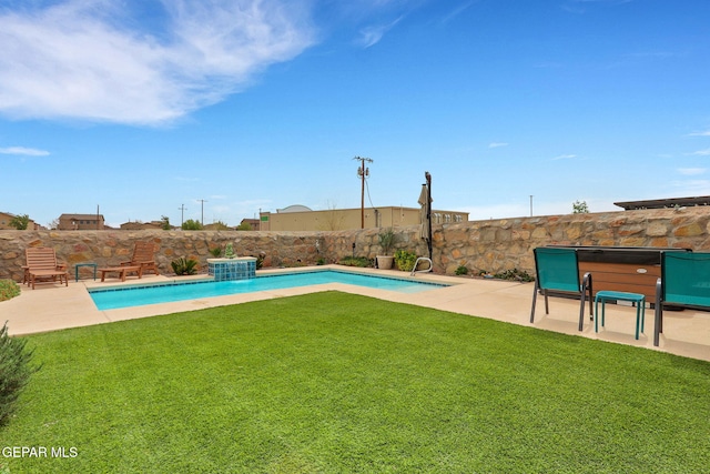 view of swimming pool featuring fence, a lawn, a fenced in pool, and a patio
