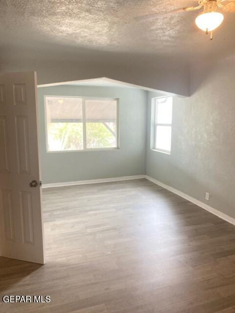 spare room featuring baseboards, wood finished floors, and a textured ceiling