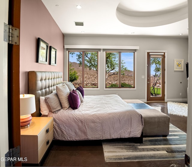 bedroom with access to outside, multiple windows, recessed lighting, and visible vents