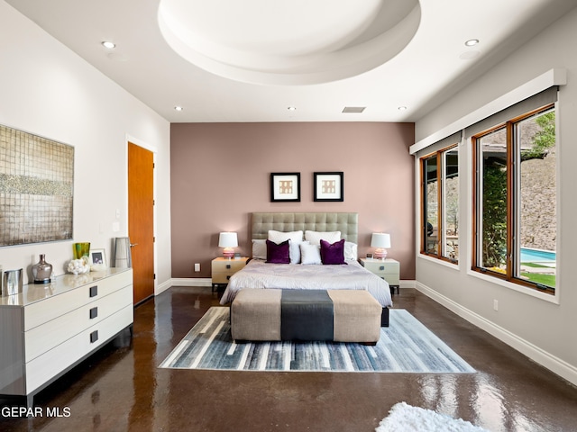 bedroom with recessed lighting, baseboards, visible vents, and finished concrete flooring