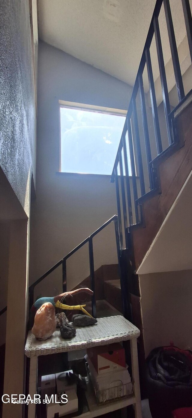 stairs with lofted ceiling