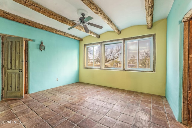 32 Cielo Dorado Dr, Anthony, NM 88021 - empty room featuring a ceiling fan and beam ceiling