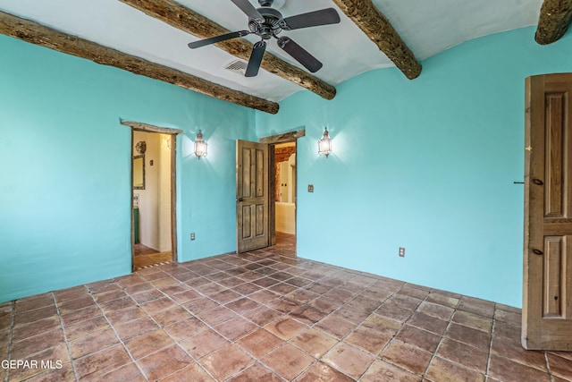 32 Cielo Dorado Dr, Anthony, NM 88021 - unfurnished bedroom with beamed ceiling, ceiling fan, visible vents, and stone finish flooring