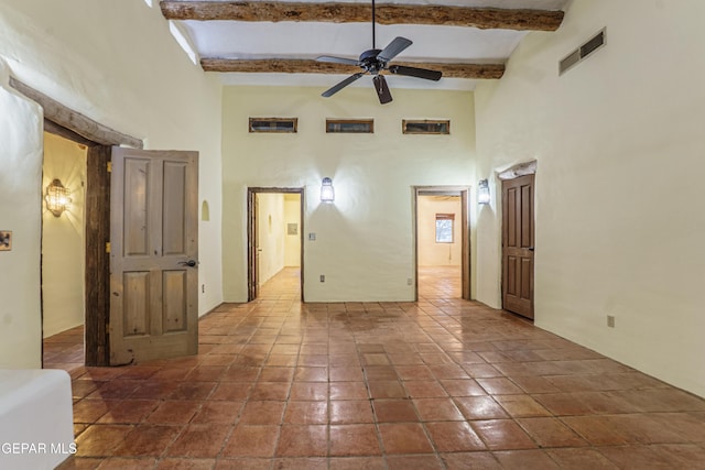 32 Cielo Dorado Dr, Anthony, NM 88021 - empty room featuring a high ceiling, visible vents, a ceiling fan, and beam ceiling
