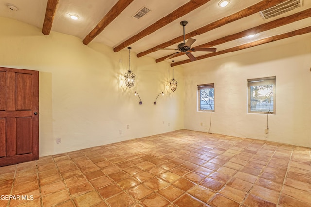32 Cielo Dorado Dr, Anthony, NM 88021 - empty room featuring visible vents, ceiling fan, recessed lighting, and beamed ceiling