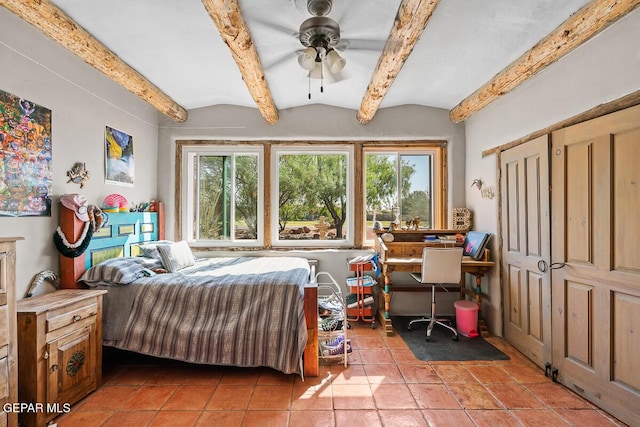 32 Cielo Dorado Dr, Anthony, NM 88021 - bedroom with a ceiling fan and vaulted ceiling with beams